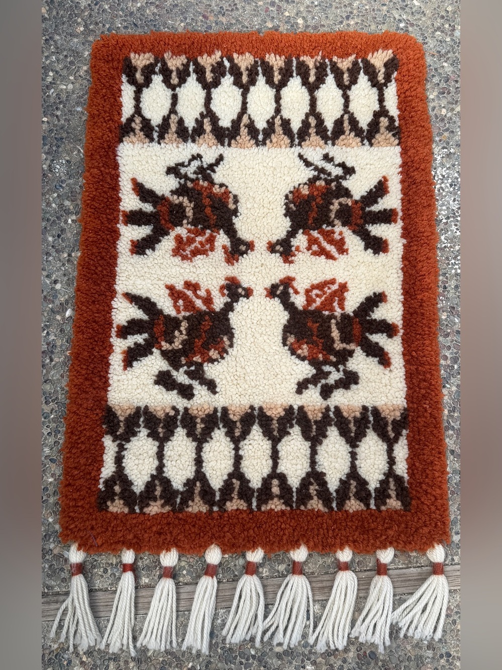 Vintage Mid Century Latch Hook Shag Rug Wall Hanging Bird Rooster Retro Decor